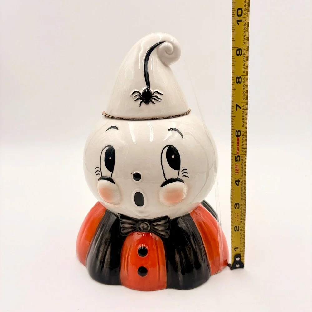 Johanna Parker Ceramic Ghost Cookie Jar Halloween Orange Black Vintage Style